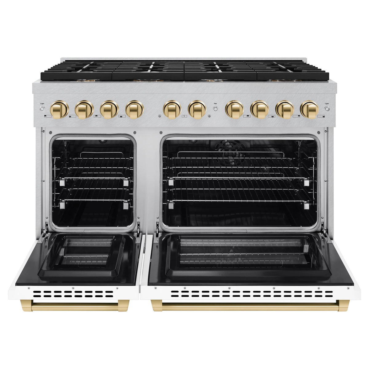 ZLINE - Autograph Edition 48 in. 6.7 cu. ft. Paramount Double Oven Dual Fuel Range with 8 Burner Gas Cooktop in Satin Stainless Steel with White Matte Doors and Polished Gold Accents