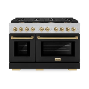 ZLINE - Autograph Edition 48 in. 6.7 cu. ft. Paramount Double Oven Gas Range with 8 Burner Cooktop in Satin Stainless Steel with Black Matte Doors and Champagne Bronze Accents