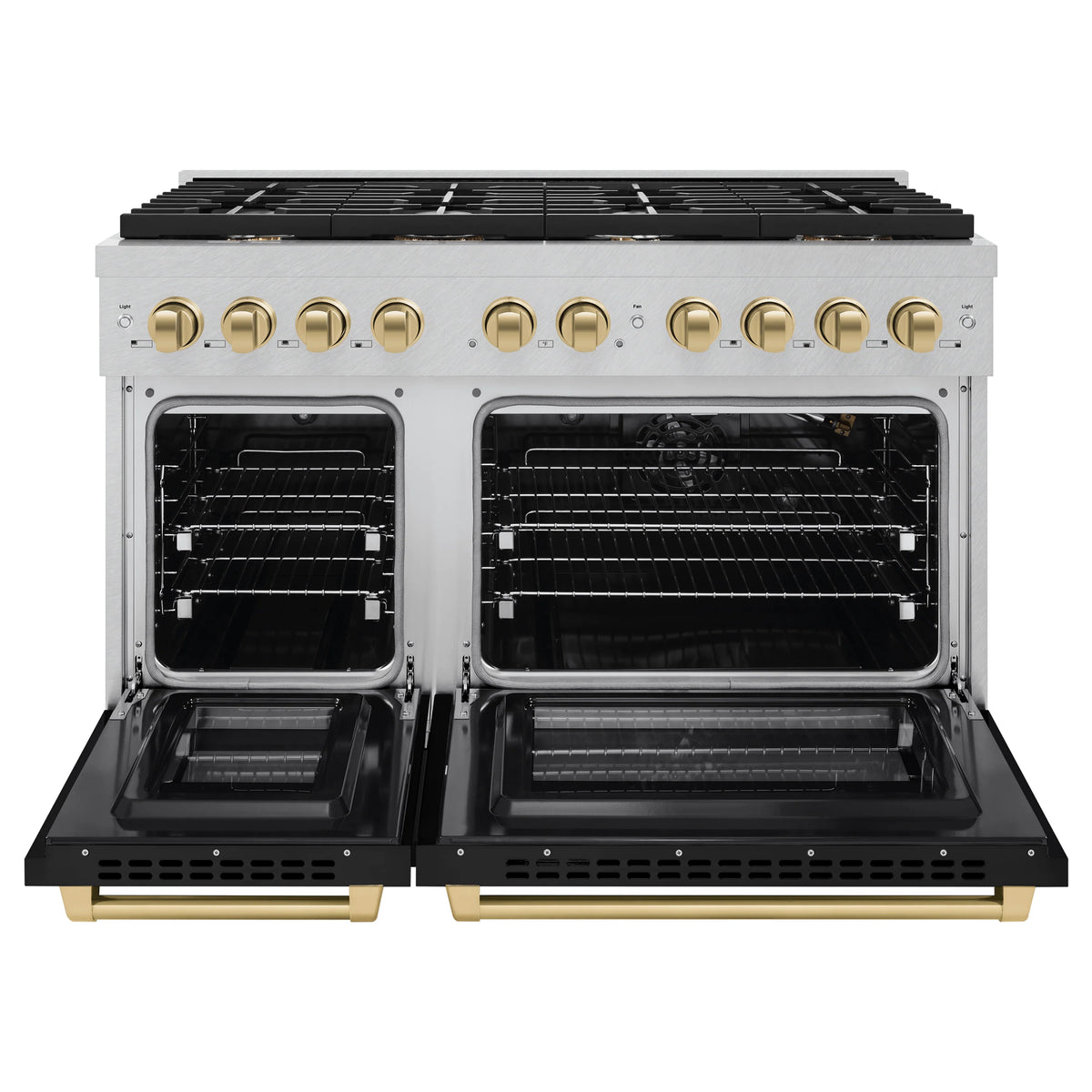 ZLINE - Autograph Edition 48 in. 6.7 cu. ft. Paramount Double Oven Gas Range with 8 Burner Cooktop in Satin Stainless Steel with Black Matte Doors and Champagne Bronze Accents