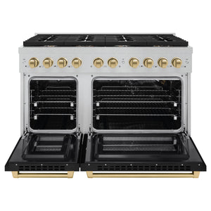 ZLINE - Autograph Edition 48 in. 6.7 cu. ft. Paramount Double Oven Gas Range with 8 Burner Cooktop in Satin Stainless Steel with Black Matte Doors and Champagne Bronze Accents