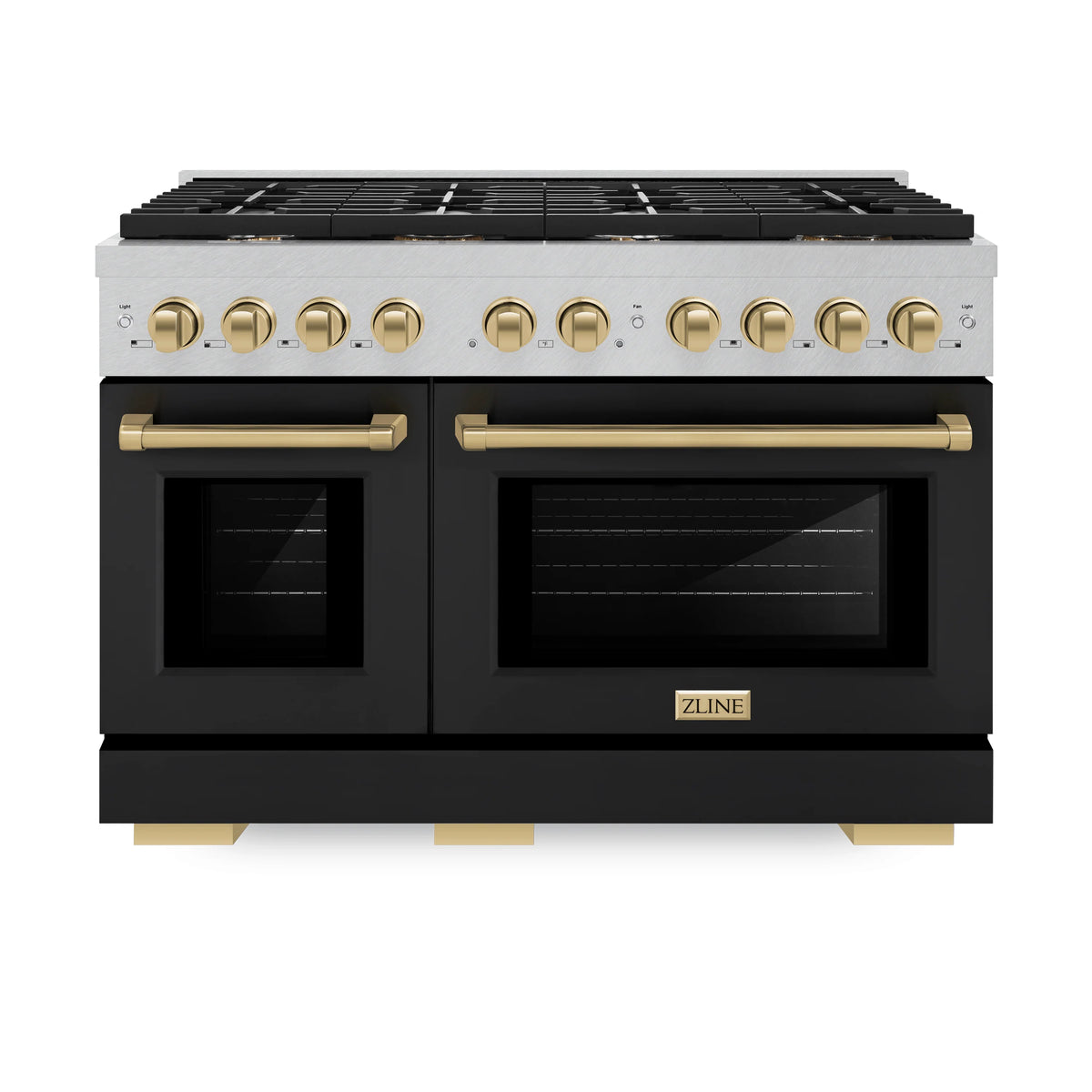 ZLINE - Autograph Edition 48 in. 6.7 cu. ft. Paramount Double Oven Gas Range with 8 Burner Cooktop in Satin Stainless Steel with Black Matte Doors and Champagne Bronze Accents