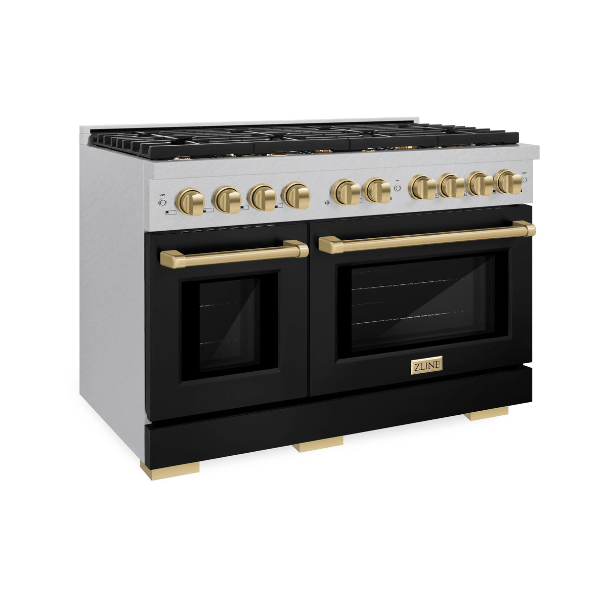 ZLINE - Autograph Edition 48 in. 6.7 cu. ft. Paramount Double Oven Gas Range with 8 Burner Cooktop in Satin Stainless Steel with Black Matte Doors and Champagne Bronze Accents