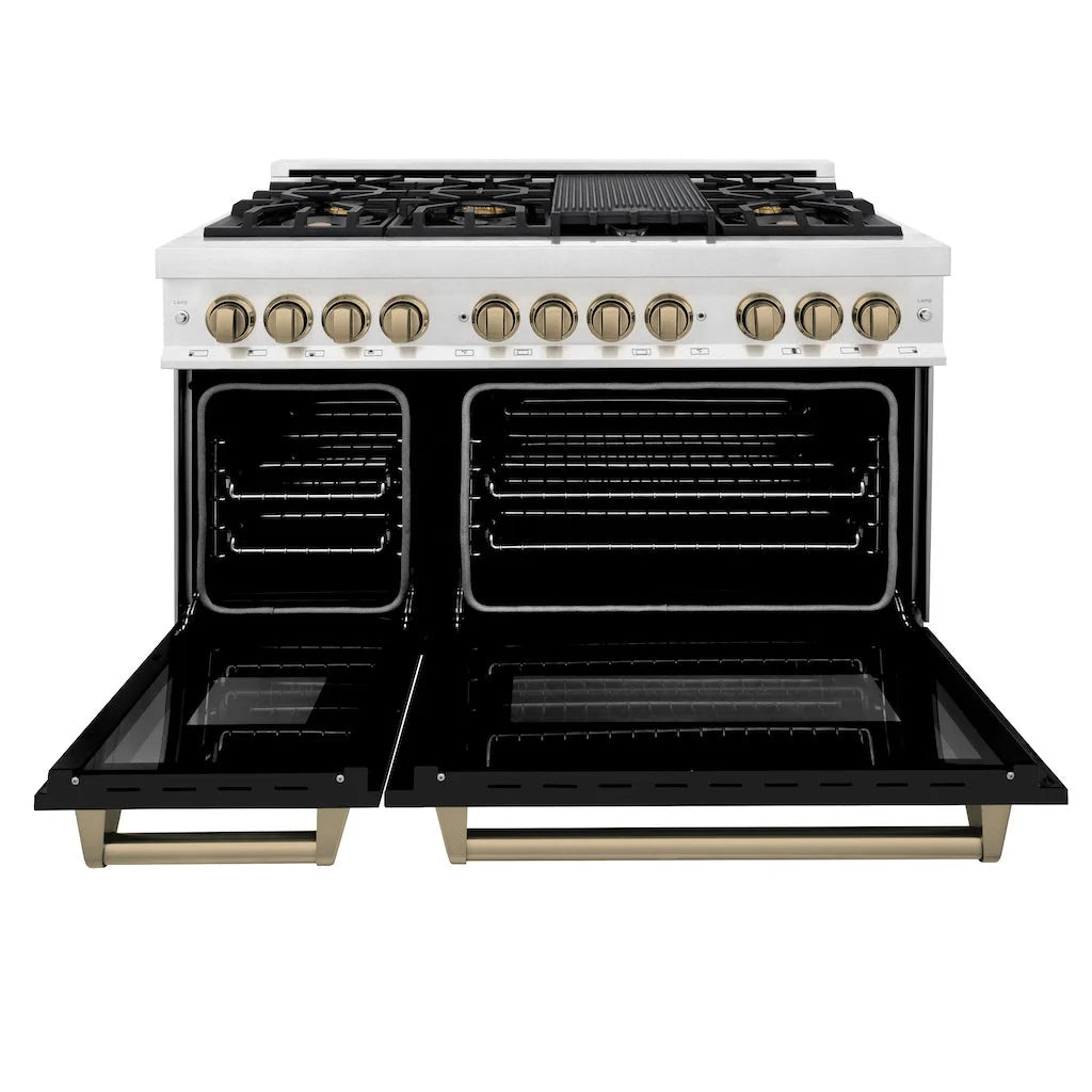 ZLINE - Autograph Edition 48 in. 6.0 cu. ft. Legacy Dual Fuel Range with 7 Burner Gas Cooktop and 2 Electric Ovens in Satin Stainless Steel with Black Matte Doors and Champagne Bronze Accents