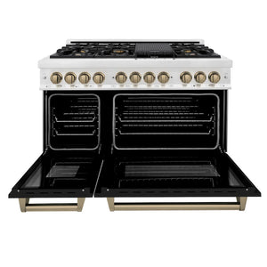 ZLINE - Autograph Edition 48 in. 6.0 cu. ft. Legacy Dual Fuel Range with 7 Burner Gas Cooktop and 2 Electric Ovens in Satin Stainless Steel with Black Matte Doors and Champagne Bronze Accents