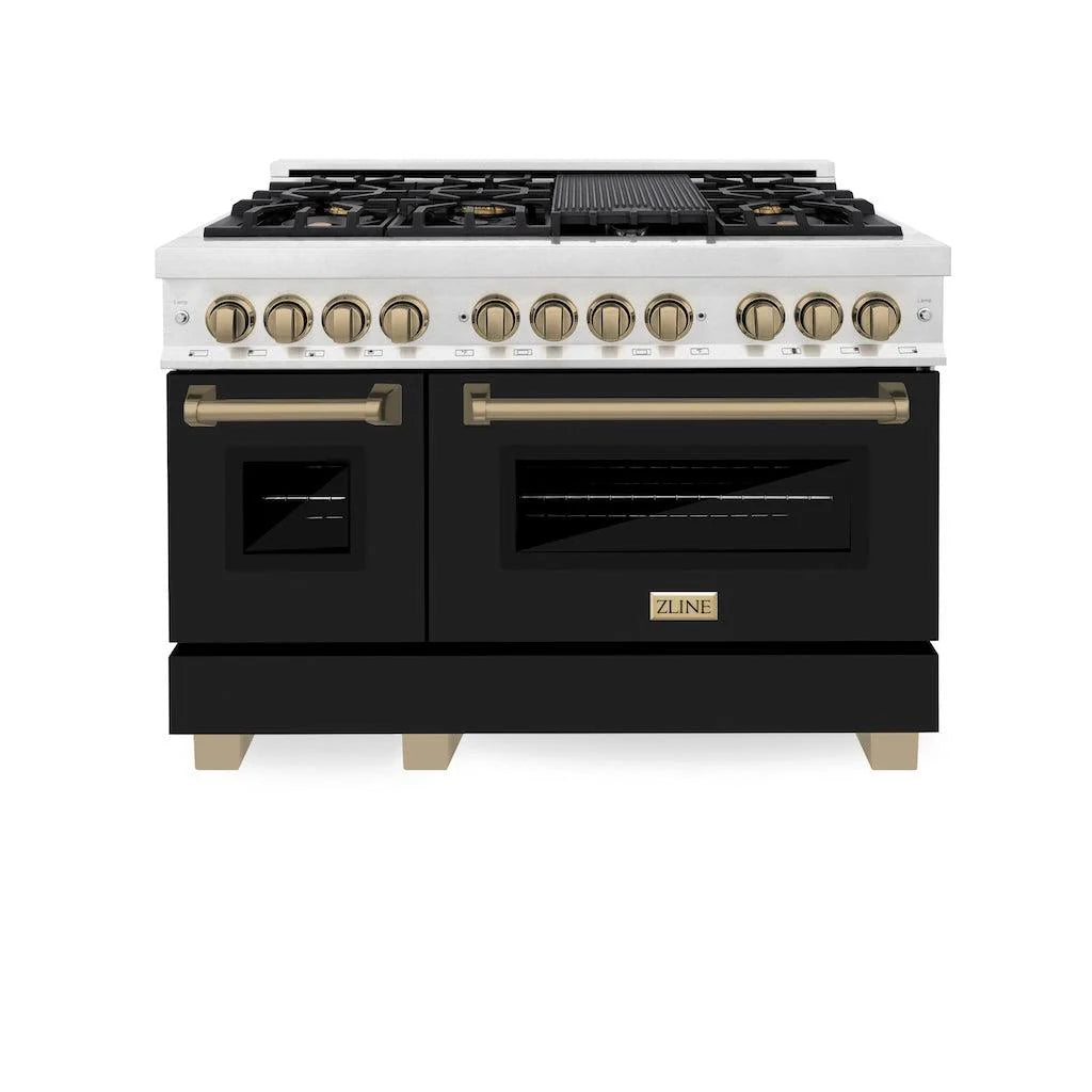 ZLINE - Autograph Edition 48 in. 6.0 cu. ft. Legacy Dual Fuel Range with 7 Burner Gas Cooktop and 2 Electric Ovens in Satin Stainless Steel with Black Matte Doors and Champagne Bronze Accents