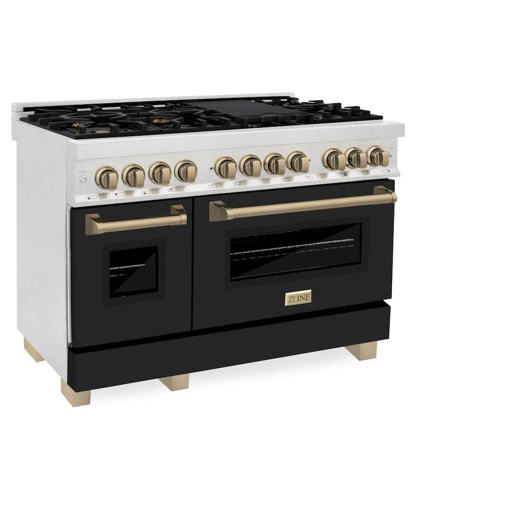 ZLINE - Autograph Edition 48 in. 6.0 cu. ft. Legacy Dual Fuel Range with 7 Burner Gas Cooktop and 2 Electric Ovens in Satin Stainless Steel with Black Matte Doors and Champagne Bronze Accents