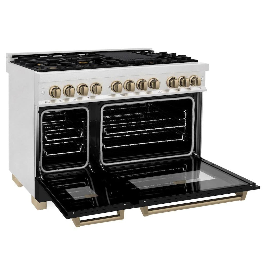 ZLINE - Autograph Edition 48 in. 6.0 cu. ft. Legacy Dual Fuel Range with 7 Burner Gas Cooktop and 2 Electric Ovens in Satin Stainless Steel with Black Matte Doors and Champagne Bronze Accents