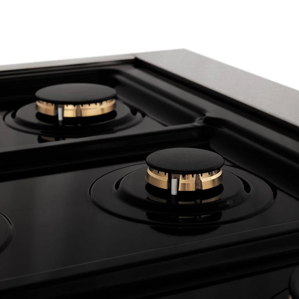 ZLINE - Autograph Edition 48 in. 6.0 cu. ft. Legacy Dual Fuel Range with 7 Burner Gas Cooktop and 2 Electric Ovens in Satin Stainless Steel with Black Matte Doors and Polished Gold Accents