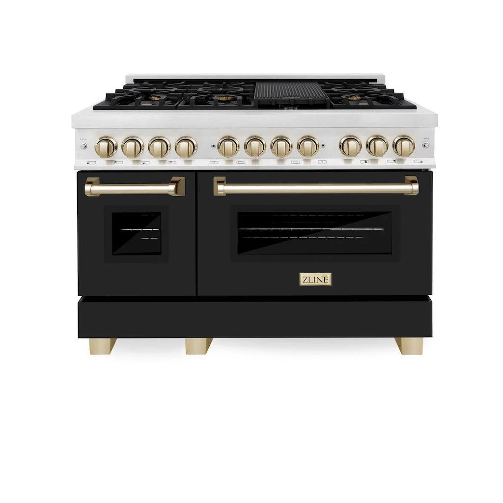 ZLINE - Autograph Edition 48 in. 6.0 cu. ft. Legacy Dual Fuel Range with 7 Burner Gas Cooktop and 2 Electric Ovens in Satin Stainless Steel with Black Matte Doors and Polished Gold Accents