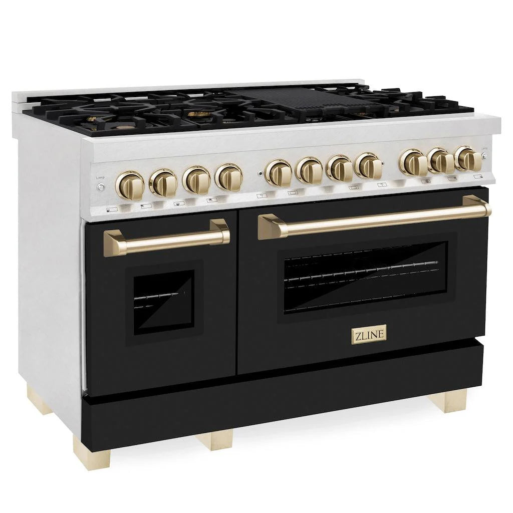 ZLINE - Autograph Edition 48 in. 6.0 cu. ft. Legacy Dual Fuel Range with 7 Burner Gas Cooktop and 2 Electric Ovens in Satin Stainless Steel with Black Matte Doors and Polished Gold Accents