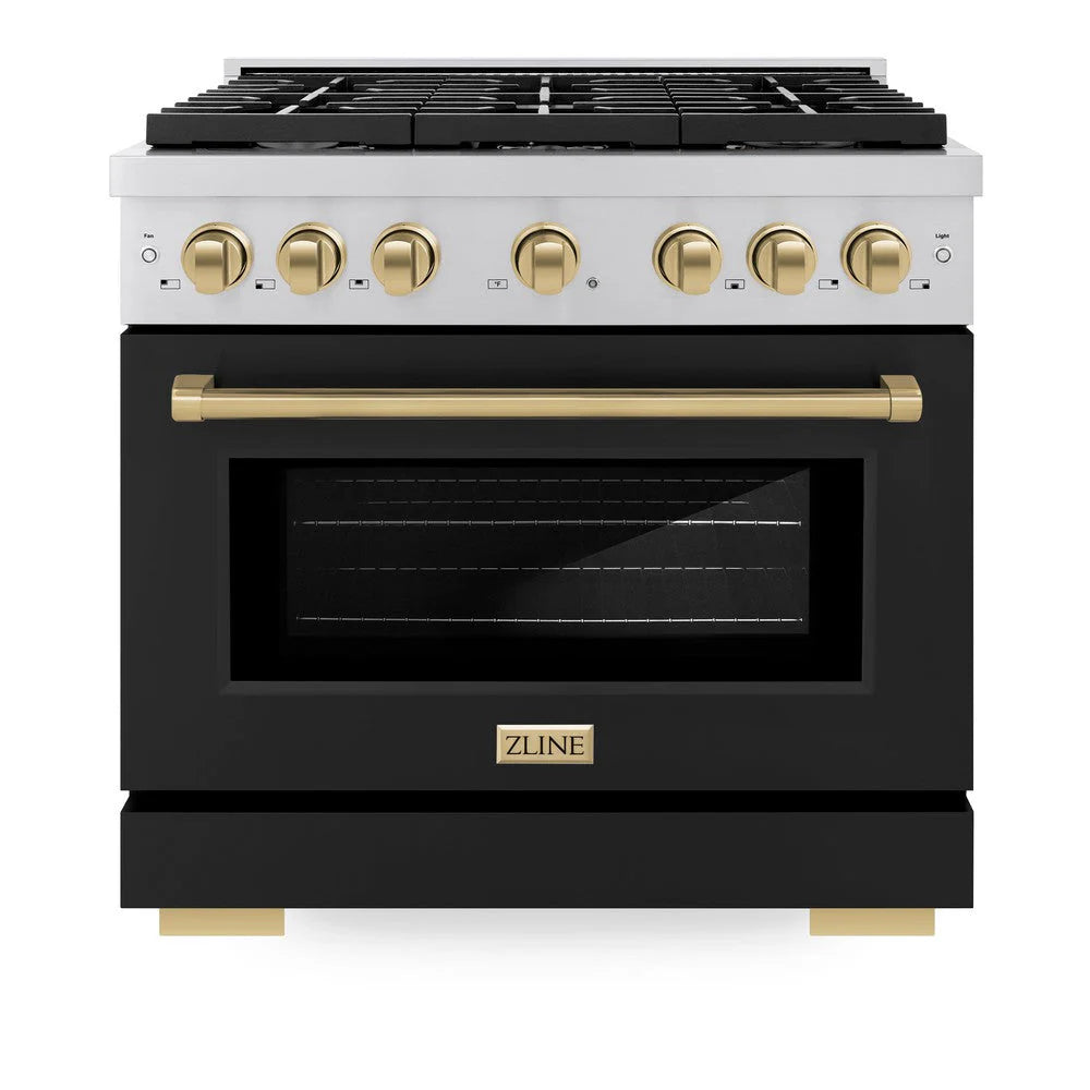 ZLINE - Autograph Edition 36 in. 5.2 cu. ft. Paramount Dual Fuel Range with 6 Burner Gas Cooktop and Electric Convection Oven in Stainless Steel with Black Matte Door and Champagne Bronze Accents