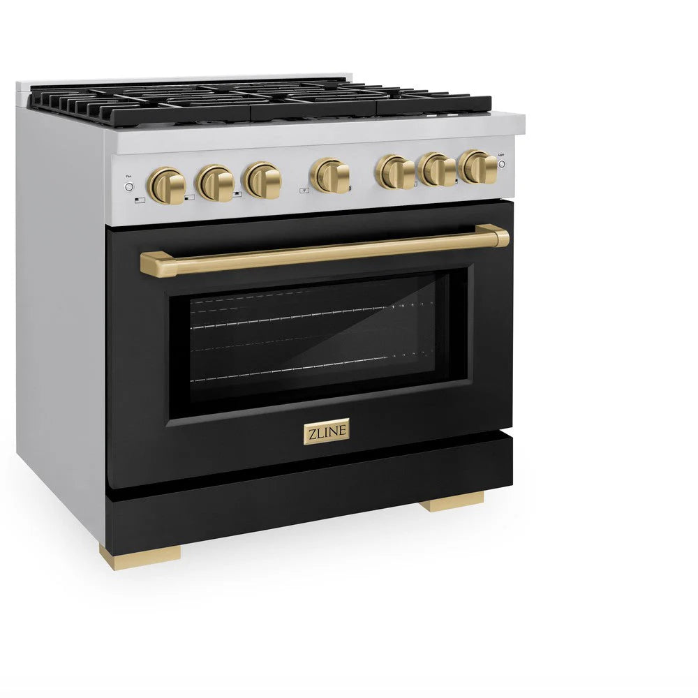 ZLINE - Autograph Edition 36 in. 5.2 cu. ft. Paramount Dual Fuel Range with 6 Burner Gas Cooktop and Electric Convection Oven in Stainless Steel with Black Matte Door and Champagne Bronze Accents