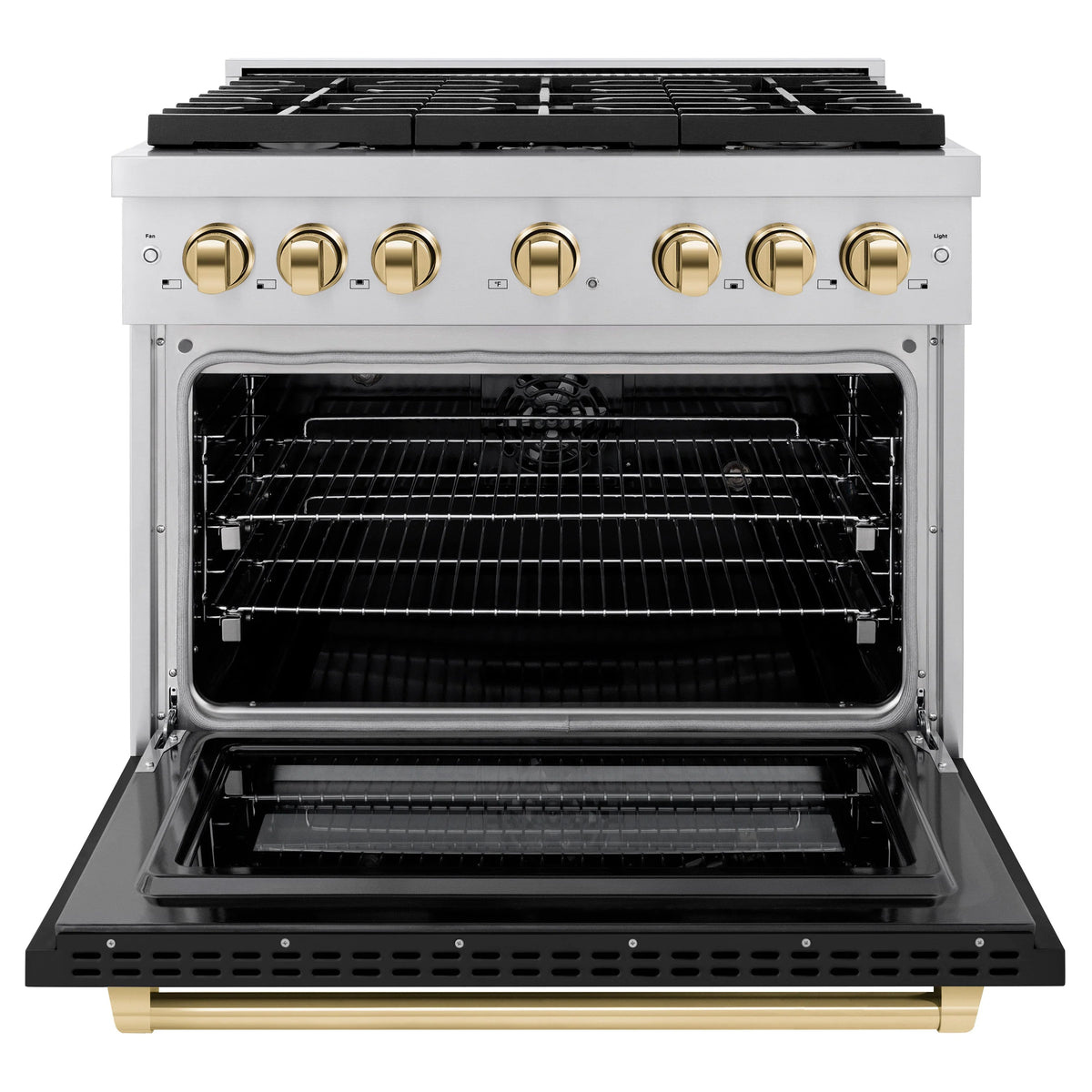 ZLINE - Autograph Edition 36 in. 5.2 cu. ft. Paramount Dual Fuel Range with 6 Burner Gas Cooktop and Electric Convection Oven in Stainless Steel with Black Matte Door and Polished Gold Accents