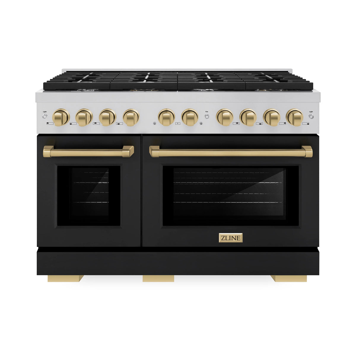ZLINE - Autograph Edition 48 in. 6.7 cu. ft. Paramount Double Oven Dual Fuel Range with 8 Burner Gas Cooktop in Stainless Steel with Black Matte Doors and Champagne Bronze Accents