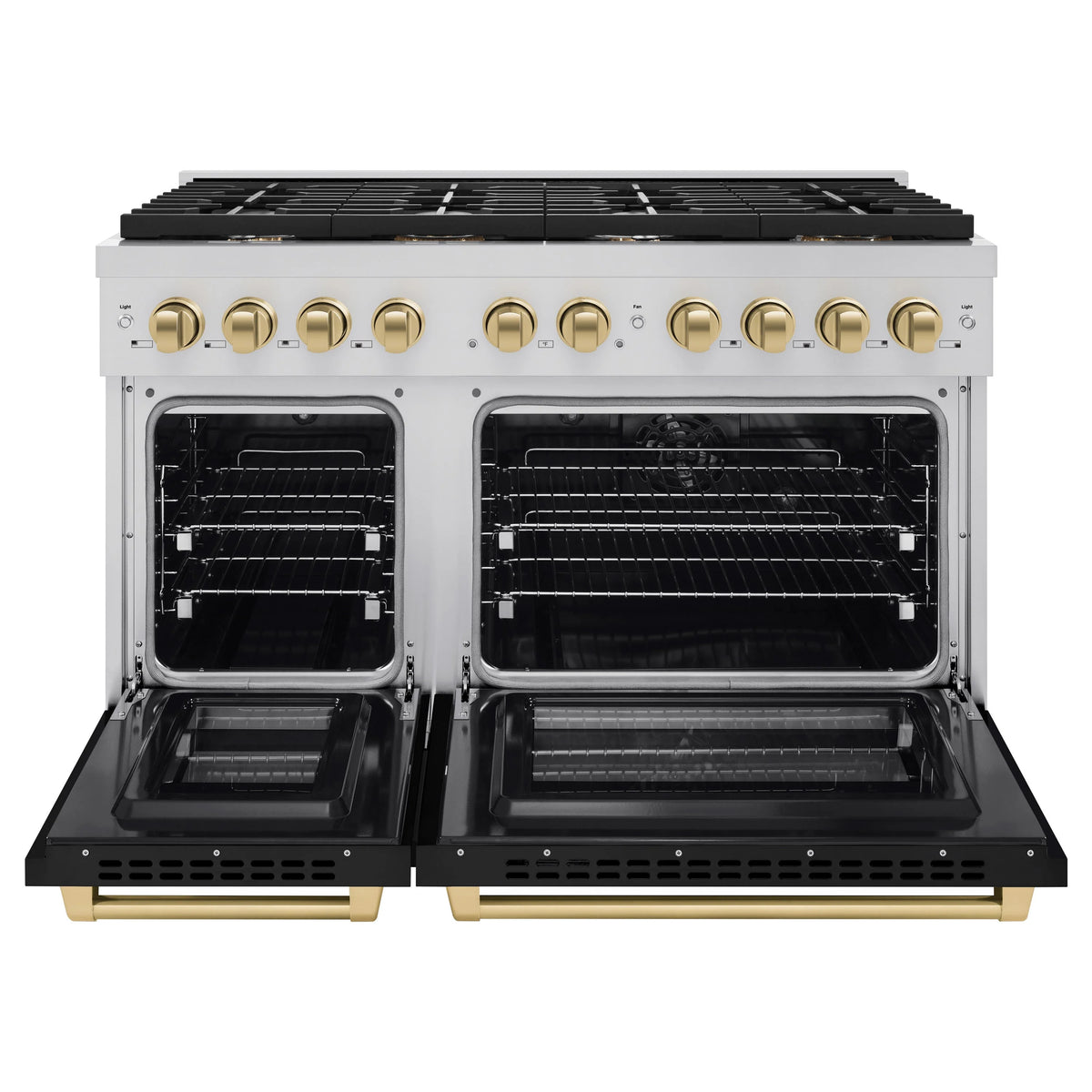 ZLINE - Autograph Edition 48 in. 6.7 cu. ft. Paramount Double Oven Dual Fuel Range with 8 Burner Gas Cooktop in Stainless Steel with Black Matte Doors and Champagne Bronze Accents