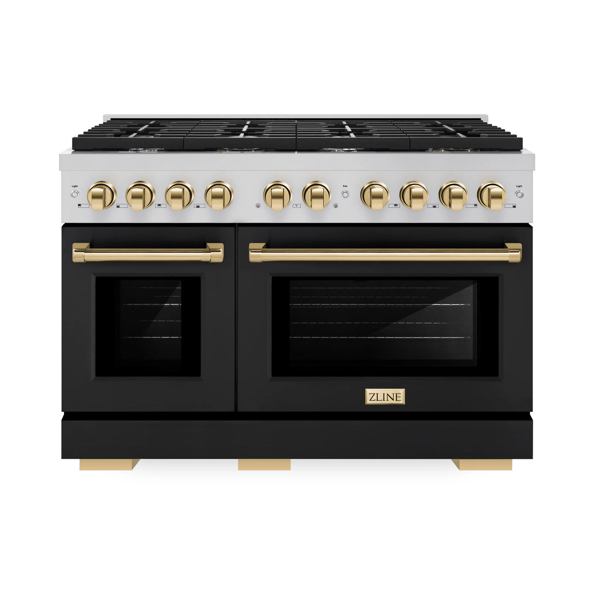 ZLINE - Autograph Edition 48 in. 6.7 cu. ft. Paramount Double Oven Dual Fuel Range with 8 Burner Gas Cooktop in Stainless Steel with Black Matte Doors and Polished Gold Accents