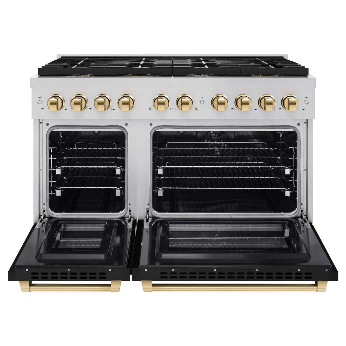 ZLINE - Autograph Edition 48 in. 6.7 cu. ft. Paramount Double Oven Dual Fuel Range with 8 Burner Gas Cooktop in Stainless Steel with Black Matte Doors and Polished Gold Accents
