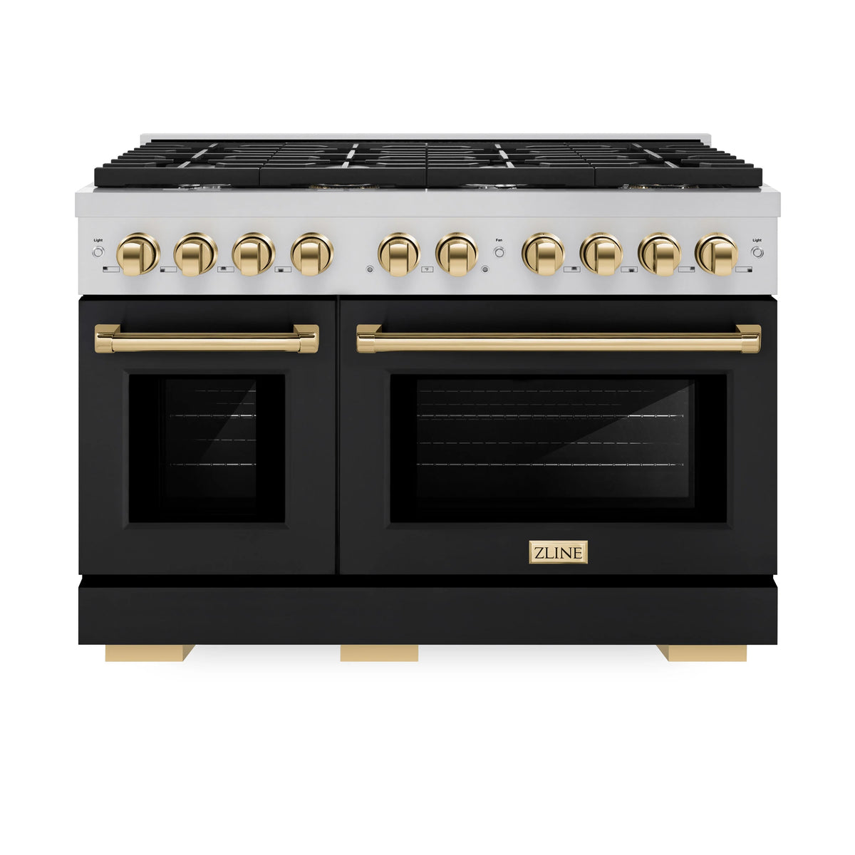 ZLINE - Autograph Edition 48 in. 6.7 cu. ft. Paramount Double Oven Dual Fuel Range with 8 Burner Gas Cooktop in Stainless Steel with Black Matte Doors and Polished Gold Accents