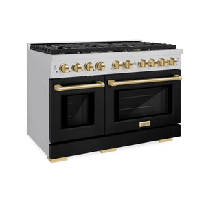 ZLINE - Autograph Edition 48 in. 6.7 cu. ft. Paramount Double Oven Dual Fuel Range with 8 Burner Gas Cooktop in Stainless Steel with Black Matte Doors and Polished Gold Accents
