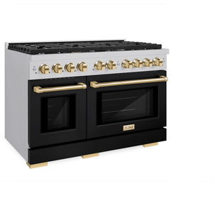 ZLINE - Autograph Edition 48 in. 6.7 cu. ft. Paramount Double Oven Dual Fuel Range with 8 Burner Gas Cooktop in Stainless Steel with Black Matte Doors and Polished Gold Accents