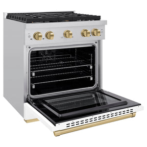 ZLINE - Autograph Edition 30 in. 4.2 cu. ft. Paramount Dual Fuel Range with 4 Burner Gas Cooktop and Electric Convection Oven in Stainless Steel with White Matte Door and Champagne Bronze Accents