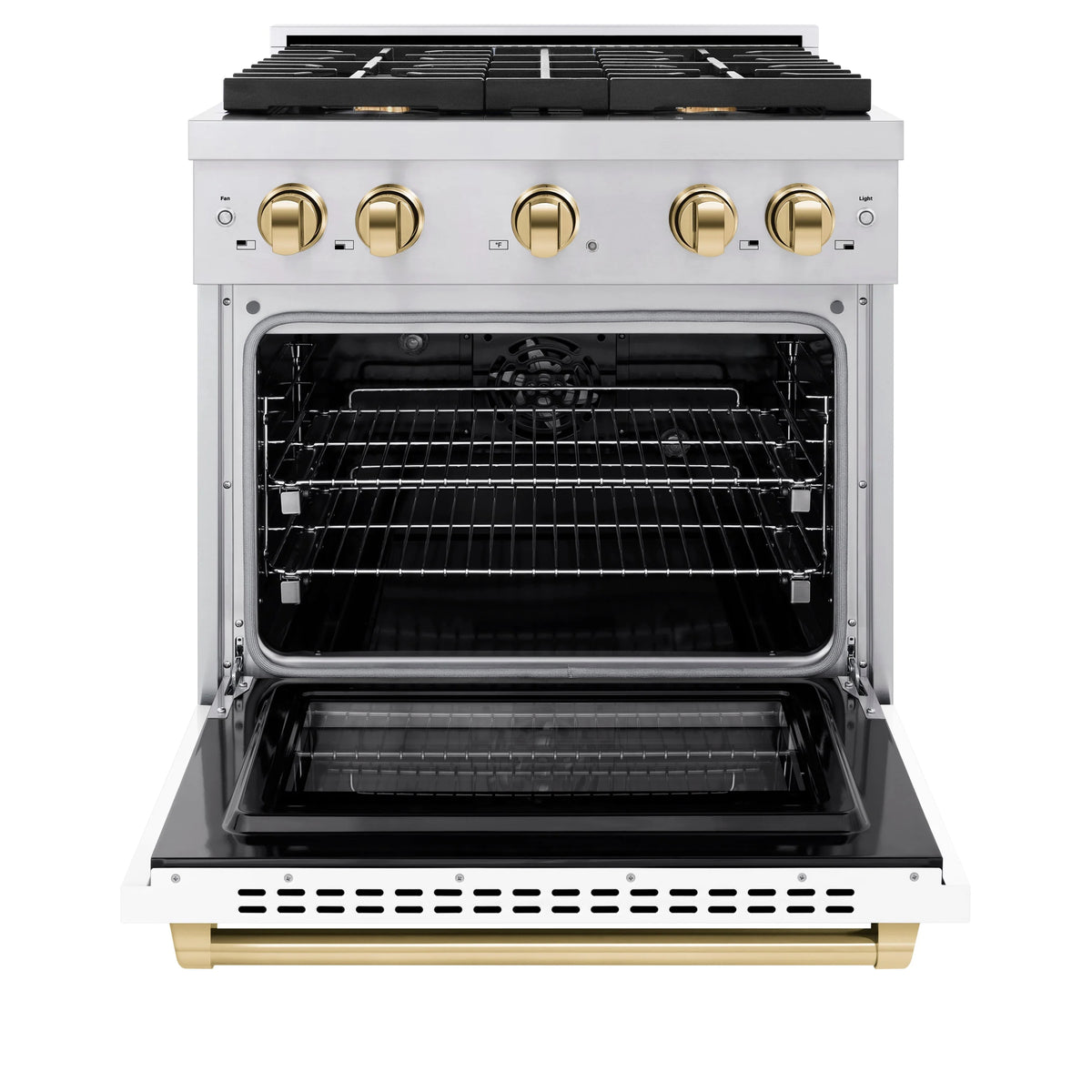 ZLINE - Autograph Edition 30 in. 4.2 cu. ft. Paramount Dual Fuel Range with 4 Burner Gas Cooktop and Electric Convection Oven in Stainless Steel with White Matte Door and Polished Gold Accents
