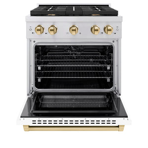 ZLINE - Autograph Edition 30 in. 4.2 cu. ft. Paramount Dual Fuel Range with 4 Burner Gas Cooktop and Electric Convection Oven in Stainless Steel with White Matte Door and Polished Gold Accents
