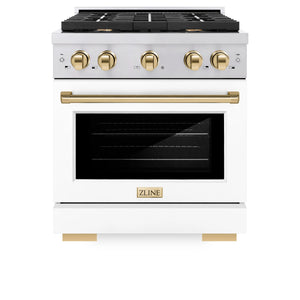 ZLINE - Autograph Edition 30 in. 4.2 cu. ft. Paramount Dual Fuel Range with 4 Burner Gas Cooktop and Electric Convection Oven in Stainless Steel with White Matte Door and Polished Gold Accents