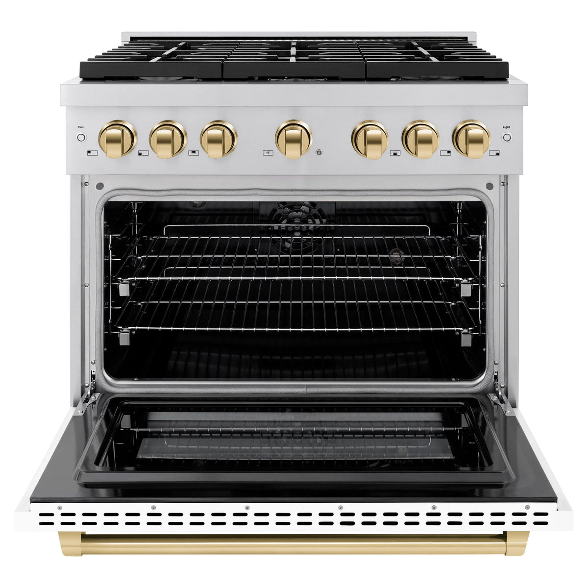 ZLINE - Autograph Edition 36 in. 5.2 cu. ft. Paramount Dual Fuel Range with 6 Burner Gas Cooktop and Electric Convection Oven in Stainless Steel with White Matte Door and Polished Gold Accents