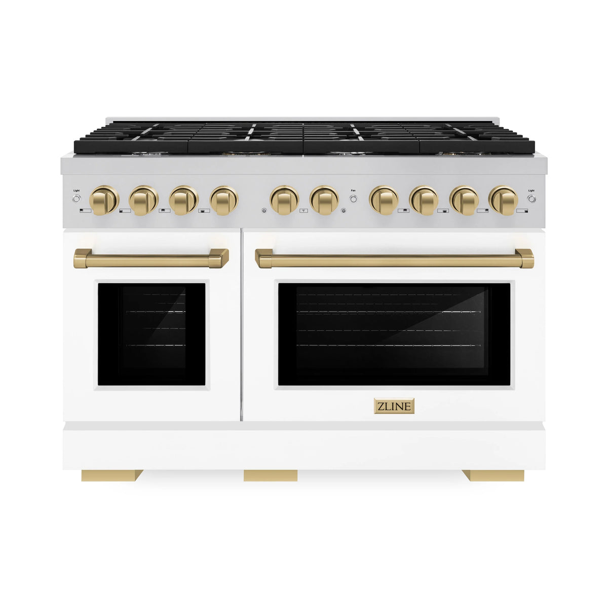 ZLINE - Autograph Edition 48 in. 6.7 cu. ft. Paramount Double Oven Dual Fuel Range with 8 Burner Gas Cooktop in Stainless Steel with White Matte Doors and Champagne Bronze Accents