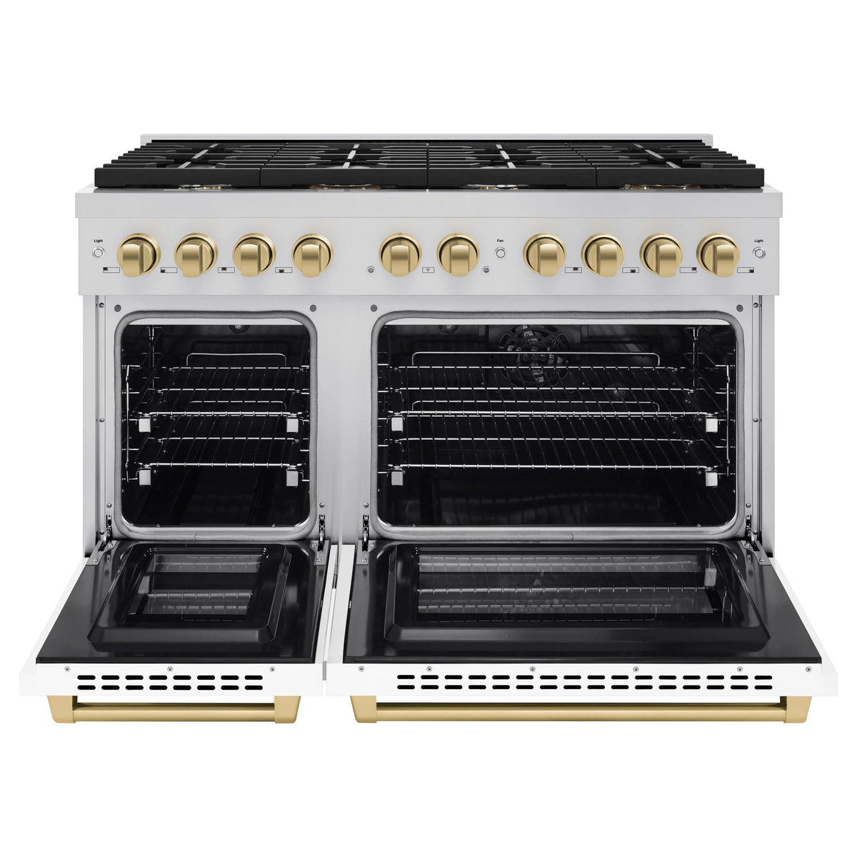 ZLINE - Autograph Edition 48 in. 6.7 cu. ft. Paramount Double Oven Dual Fuel Range with 8 Burner Gas Cooktop in Stainless Steel with White Matte Doors and Champagne Bronze Accents