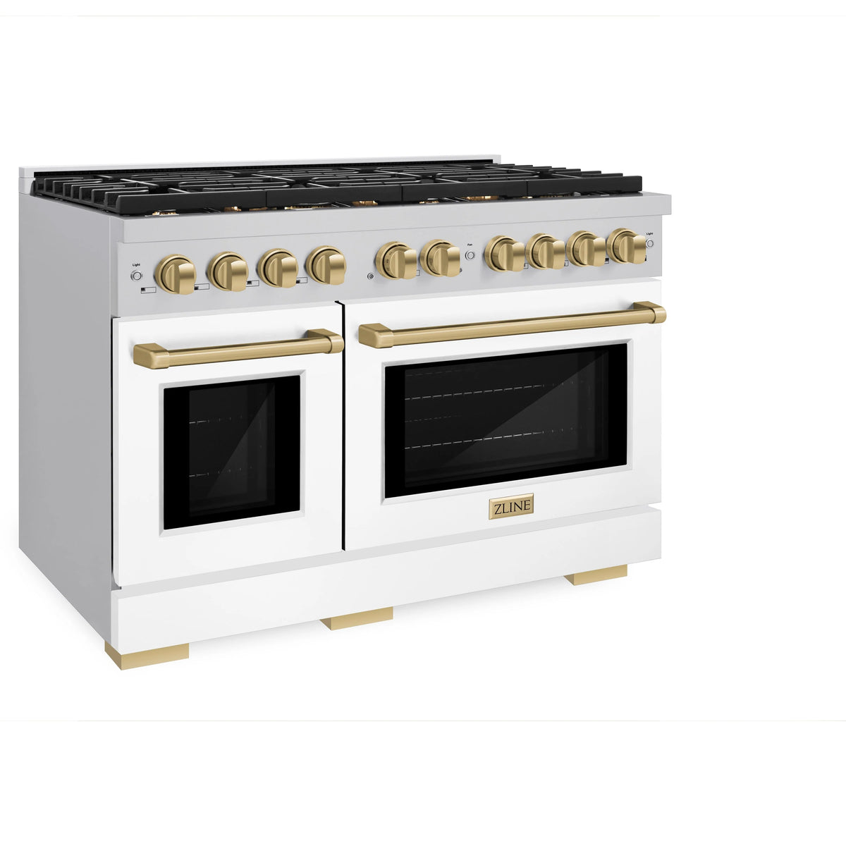 ZLINE - Autograph Edition 48 in. 6.7 cu. ft. Paramount Double Oven Dual Fuel Range with 8 Burner Gas Cooktop in Stainless Steel with White Matte Doors and Champagne Bronze Accents