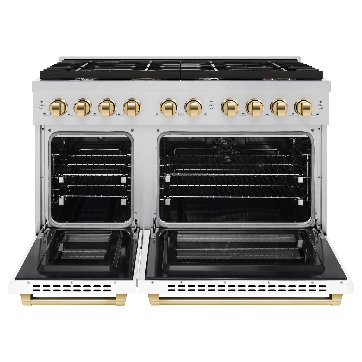 ZLINE - Autograph Edition 48 in. 6.7 cu. ft. Paramount Double Oven Dual Fuel Range with 8 Burner Gas Cooktop in Stainless Steel with White Matte Doors and Polished Gold Accents