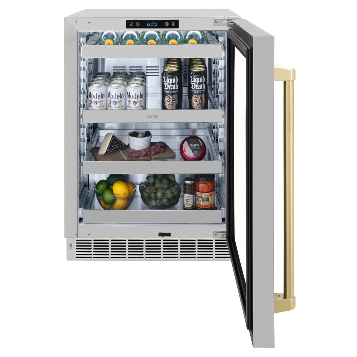 ZLINE - Autograph Edition 24 in. Touchstone 151 Can Beverage Fridge With Stainless Steel Glass Door And Champagne Bronze Handle (RBSOZ-GS-24-CB)