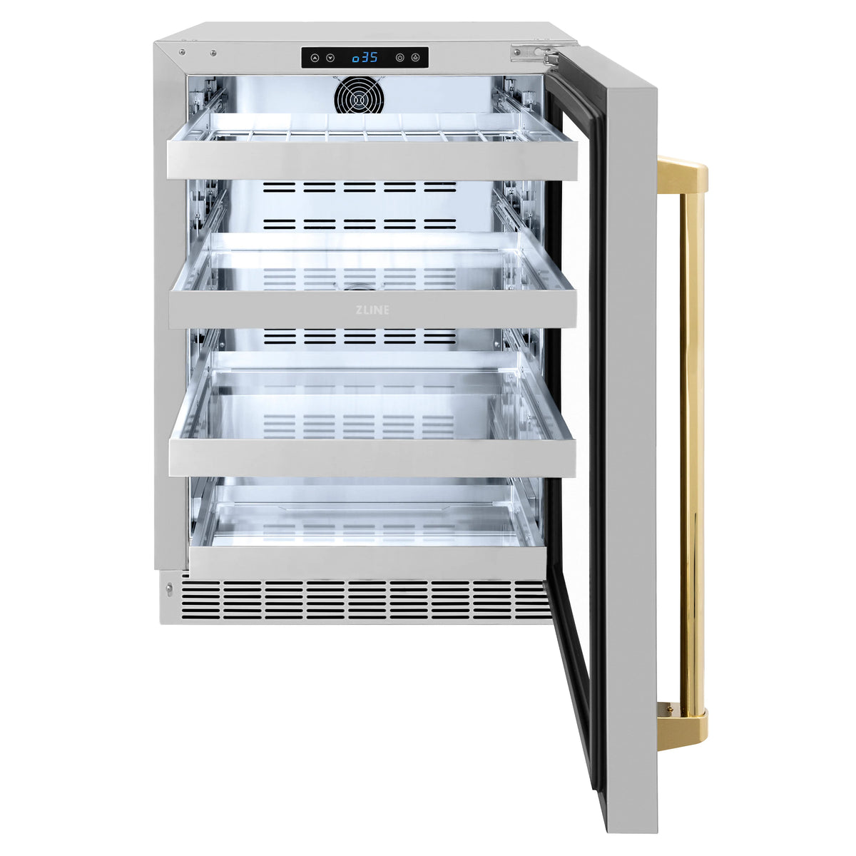 ZLINE - Autograph Edition 24 in. Touchstone 151 Can Beverage Fridge With Stainless Steel Glass Door And Polished Gold Handle (RBSOZ-GS-24-G)