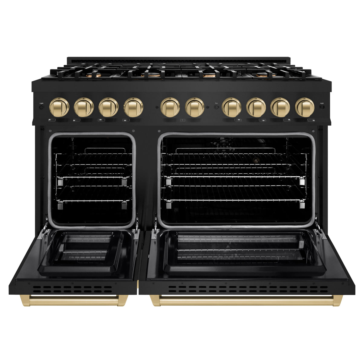 ZLINE - Autograph Edition 48 in. 6.7 cu. ft. Select Double Oven Dual Fuel Range with 8 Burner Gas Cooktop in Black Stainless Steel and Champagne Bronze Accents