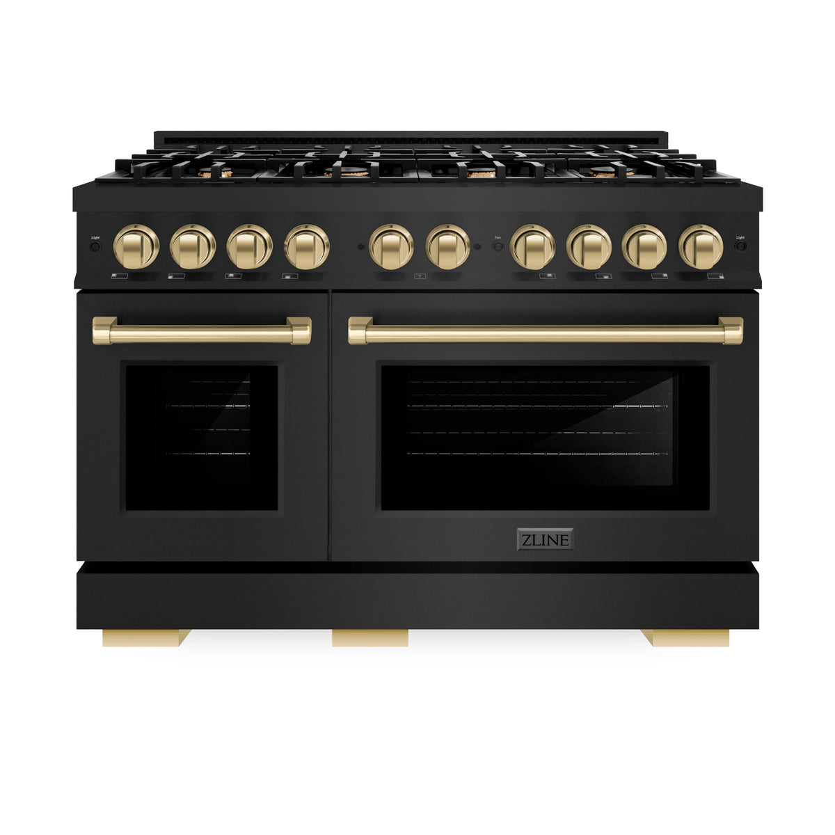 ZLINE - Autograph Edition 48 in. 6.7 cu. ft. Select Double Oven Dual Fuel Range with 8 Burner Gas Cooktop in Black Stainless Steel and Champagne Bronze Accents