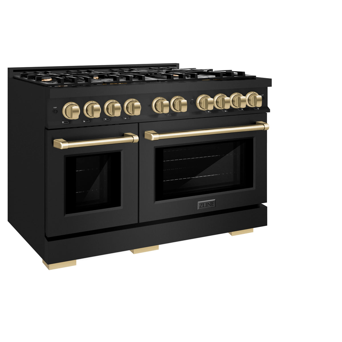 ZLINE - Autograph Edition 48 in. 6.7 cu. ft. Select Double Oven Dual Fuel Range with 8 Burner Gas Cooktop in Black Stainless Steel and Champagne Bronze Accents