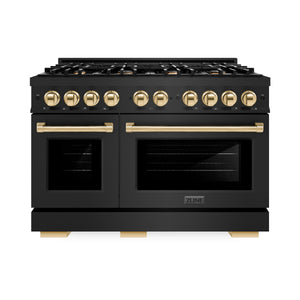 ZLINE - Autograph Edition 48 in. 6.7 cu. ft. Select Double Oven Dual Fuel Range with 8 Burner Gas Cooktop in Black Stainless Steel and Polished Gold Accents