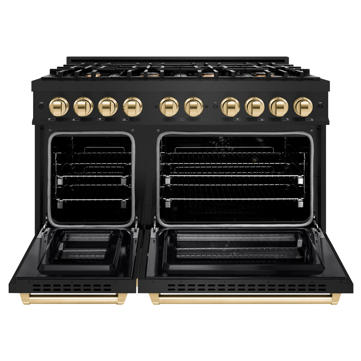 ZLINE - Autograph Edition 48 in. 6.7 cu. ft. Select Double Oven Gas Range with 8 Burner Cooktop in Black Stainless Steel and Polished Gold Accents