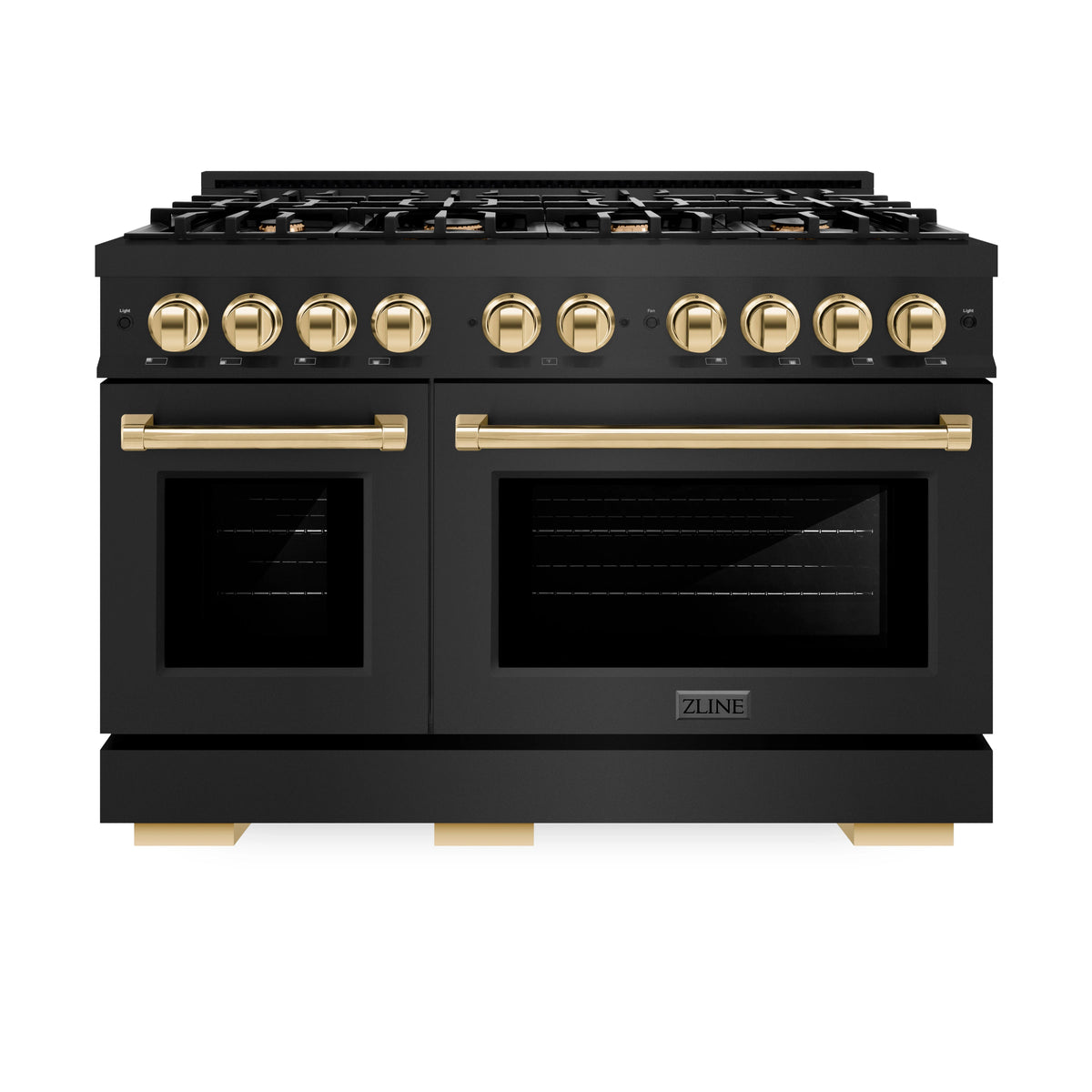 ZLINE - Autograph Edition 48 in. 6.7 cu. ft. Select Double Oven Gas Range with 8 Burner Cooktop in Black Stainless Steel and Polished Gold Accents