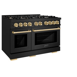 ZLINE - Autograph Edition 48 in. 6.7 cu. ft. Select Double Oven Dual Fuel Range with 8 Burner Gas Cooktop in Black Stainless Steel and Polished Gold Accents