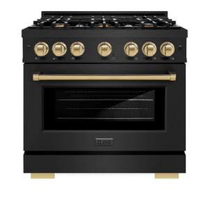 ZLINE - Autograph Edition 36 in. 5.2 cu. ft. Select Gas Range with 6 Burner Cooktop and Convection Gas Oven in Black Stainless Steel and Champagne Bronze Accents