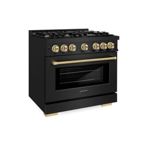 ZLINE - Autograph Edition 36 in. 5.2 cu. ft. Select Gas Range with 6 Burner Cooktop and Convection Gas Oven in Black Stainless Steel and Champagne Bronze Accents