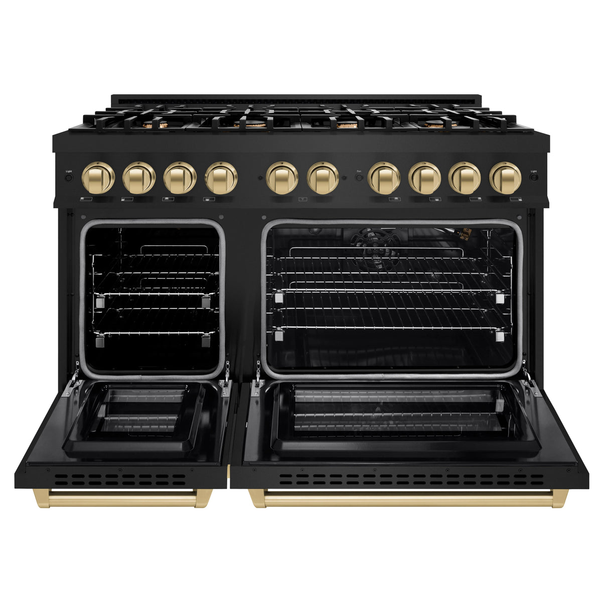 ZLINE - Autograph Edition 48 in. 6.7 cu. ft. Select Double Oven Gas Range with 8 Burner Cooktop in Black Stainless Steel and Champagne Bronze Accents