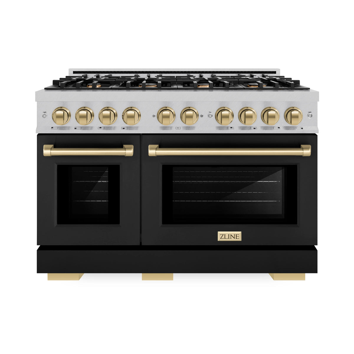 ZLINE - Autograph Edition 48 in. 6.7 cu. ft. Select Double Oven Gas Range with 8 Burner Cooktop in Satin Stainless Steel with Black Matte Doors and Champagne Bronze Accents