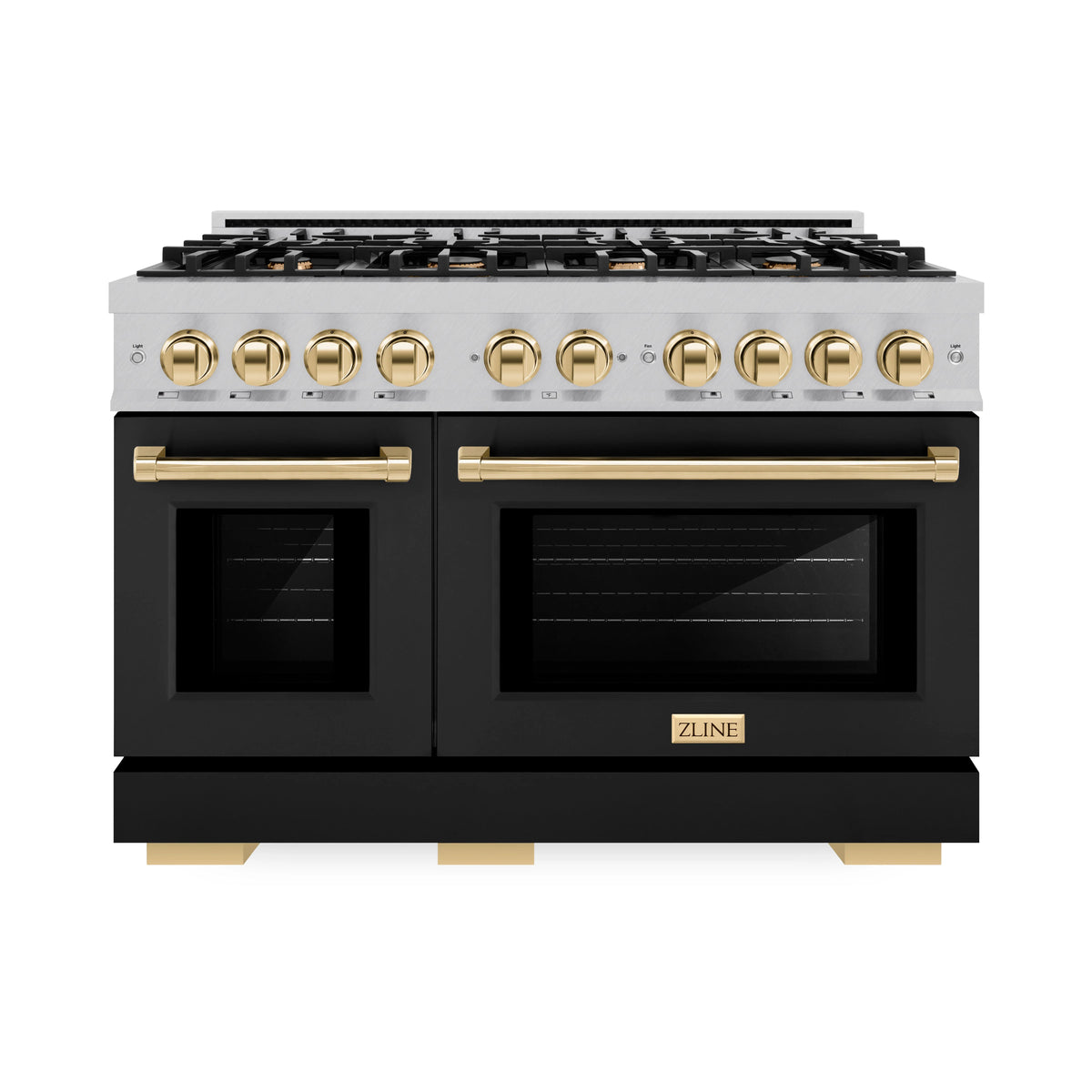 ZLINE - Autograph Edition 48 in. 6.7 cu. ft. Select Double Oven Gas Range with 8 Burner Cooktop in Satin Stainless Steel with Black Matte Doors and Polished Gold Accents