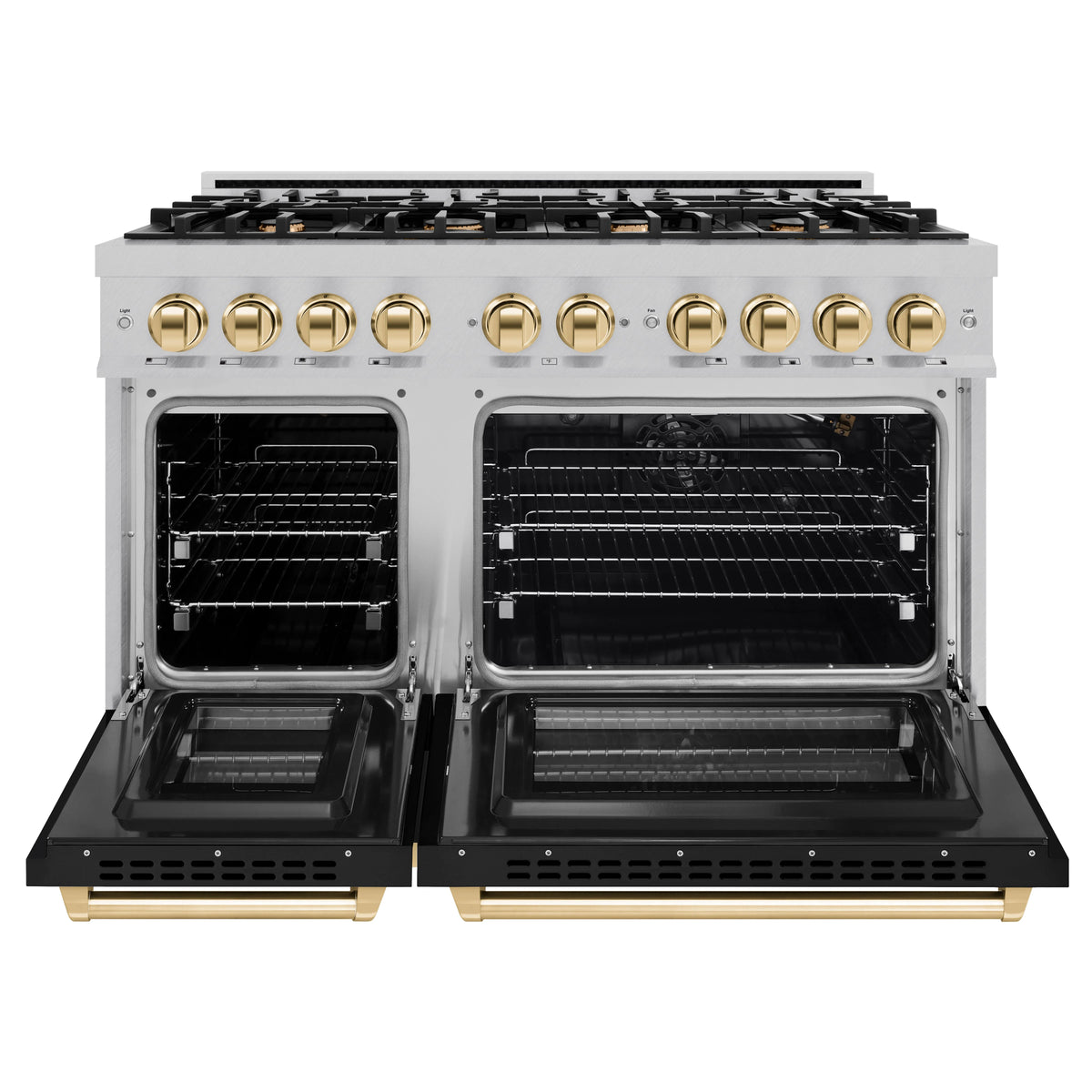 ZLINE - Autograph Edition 48 in. 6.7 cu. ft. Select Double Oven Gas Range with 8 Burner Cooktop in Satin Stainless Steel with Black Matte Doors and Polished Gold Accents