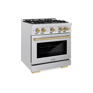 ZLINE - Autograph Edition 30 in. 4.2 cu. ft. Select Dual Fuel Range with 4 Burner Gas Cooktop and Electric Convection Oven in Satin Stainless Steel with Champagne Bronze Accents