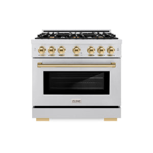 ZLINE - Autograph Edition 36 in. 5.2 cu. ft. Select Dual Fuel Range with 6 Burner Gas Cooktop and Electric Convection Oven in Satin Stainless Steel with Polished Gold Accents